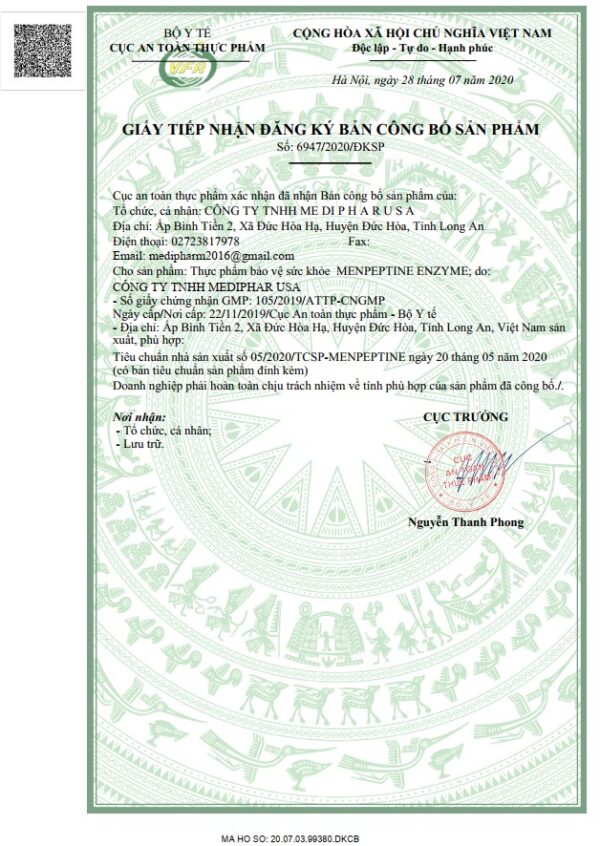 MENPEPTINE ENZYME - HỘP 1 CHAI 60 VIÊN